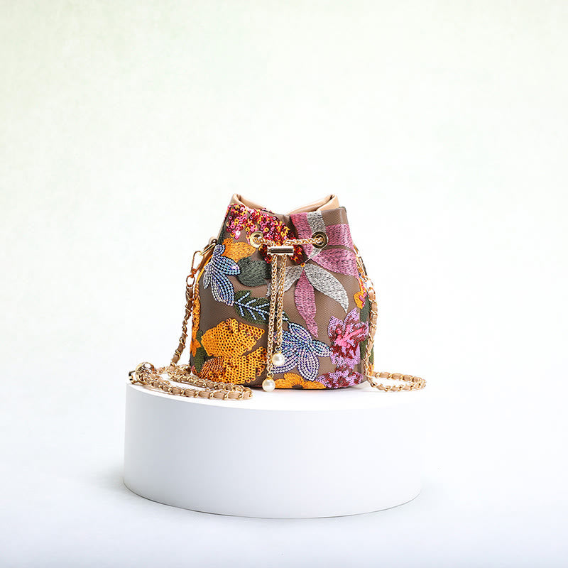 Vintage Mesh Embroidered Sequins Floral Mini Bucket Bag Drawstring Purse