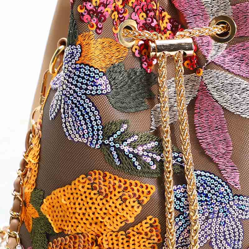 Vintage Mesh Embroidered Sequins Floral Mini Bucket Bag Drawstring Purse