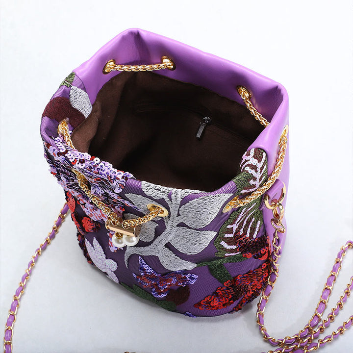 Vintage Mesh Embroidered Sequins Floral Mini Bucket Bag Drawstring Purse