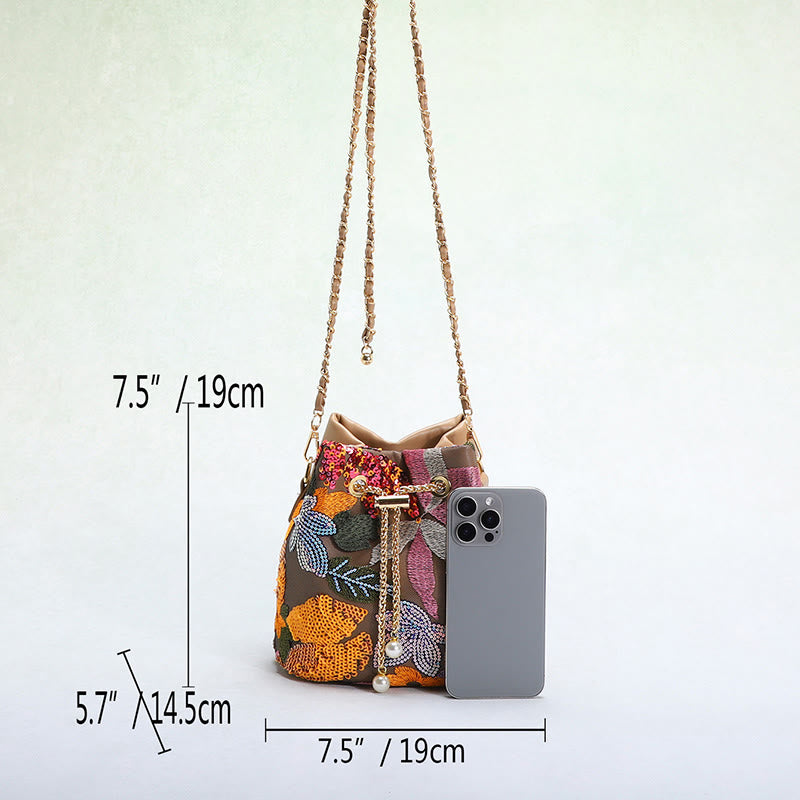 Vintage Mesh Embroidered Sequins Floral Mini Bucket Bag Drawstring Purse