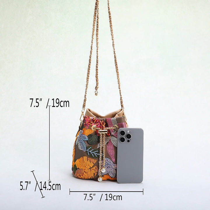 Vintage Mesh Embroidered Sequins Floral Mini Bucket Bag Drawstring Purse