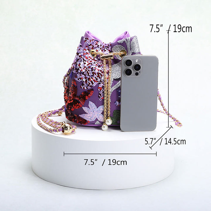 Vintage Mesh Embroidered Sequins Floral Mini Bucket Bag Drawstring Purse