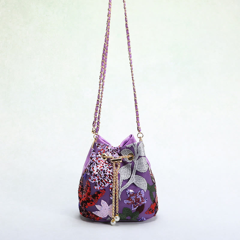 Vintage Mesh Embroidered Sequins Floral Mini Bucket Bag Drawstring Purse