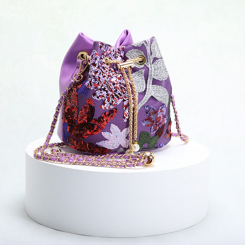 Vintage Mesh Embroidered Sequins Floral Mini Bucket Bag Drawstring Purse