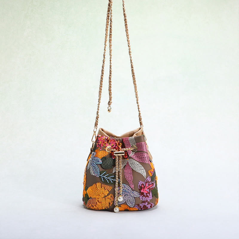 Vintage Mesh Embroidered Sequins Floral Mini Bucket Bag Drawstring Purse