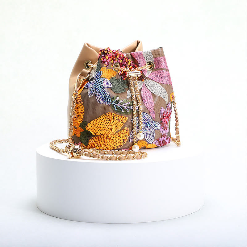 Vintage Mesh Embroidered Sequins Floral Mini Bucket Bag Drawstring Purse