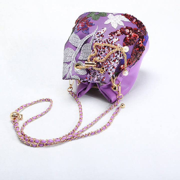 Vintage Mesh Embroidered Sequins Floral Mini Bucket Bag Drawstring Purse