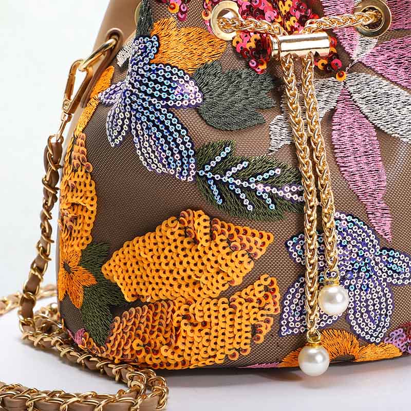 Vintage Mesh Embroidered Sequins Floral Mini Bucket Bag Drawstring Purse
