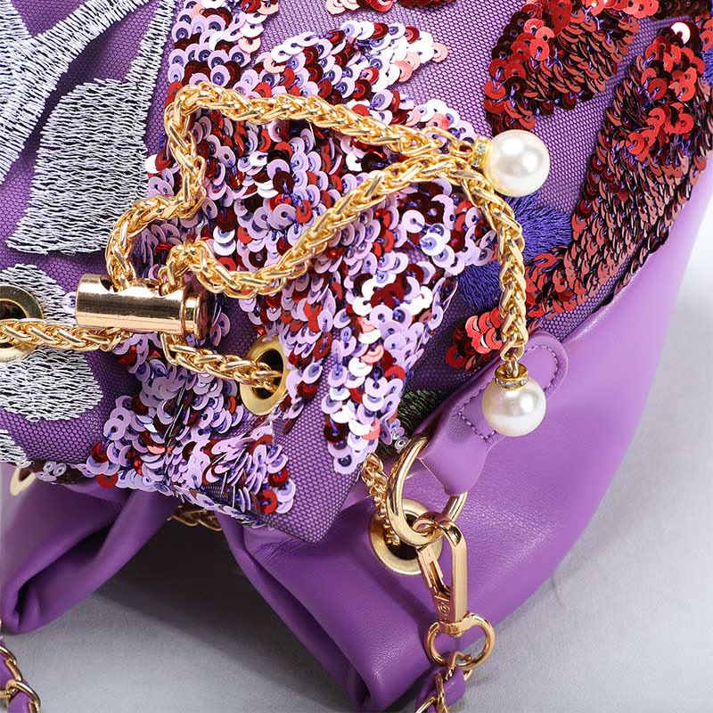 Vintage Mesh Embroidered Sequins Floral Mini Bucket Bag Drawstring Purse