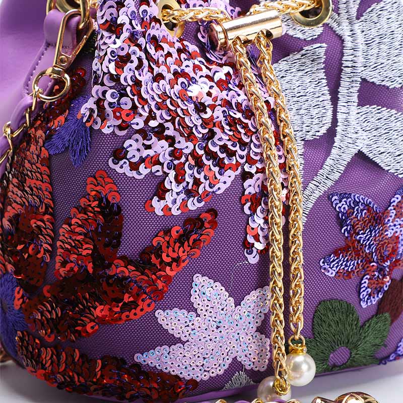 Vintage Mesh Embroidered Sequins Floral Mini Bucket Bag Drawstring Purse