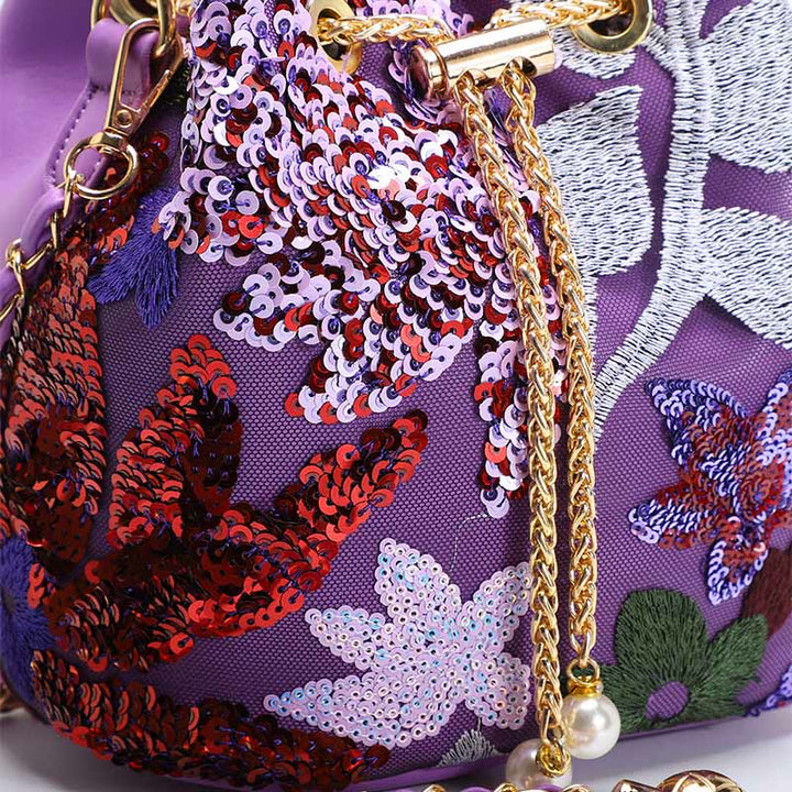 Vintage Mesh Embroidered Sequins Floral Mini Bucket Bag Drawstring Purse