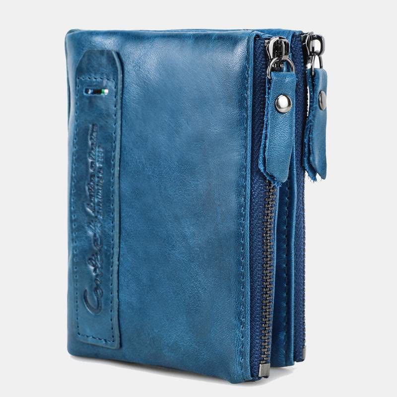 Multifunctional Genuine Leather Double Zipper Wallet - Blue - image 1
