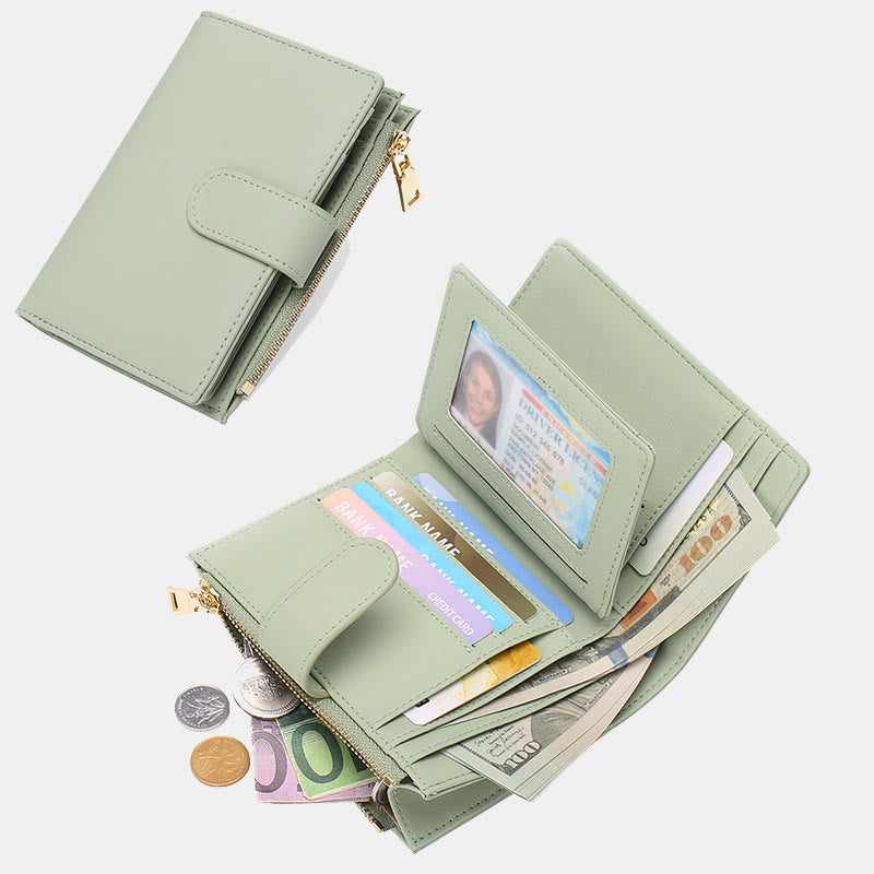 RFID Blocking Trifold Leather Wallet for Women with Zip Coin Pocket - Texture A - PaleGreen - image 0