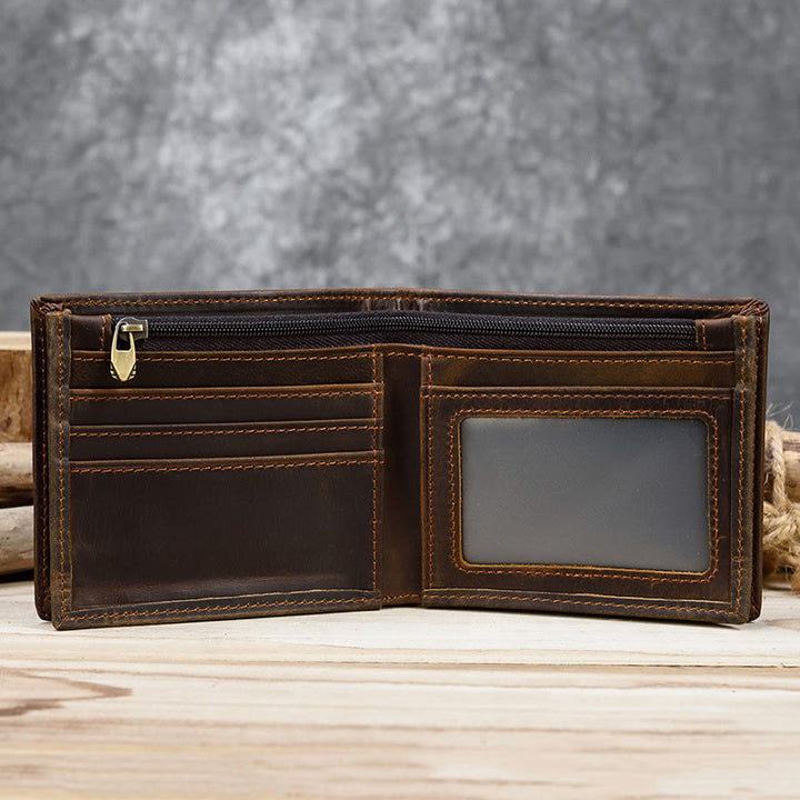 Retro Genuine Leather Bifold Wallet for Men with Zipper Pocket