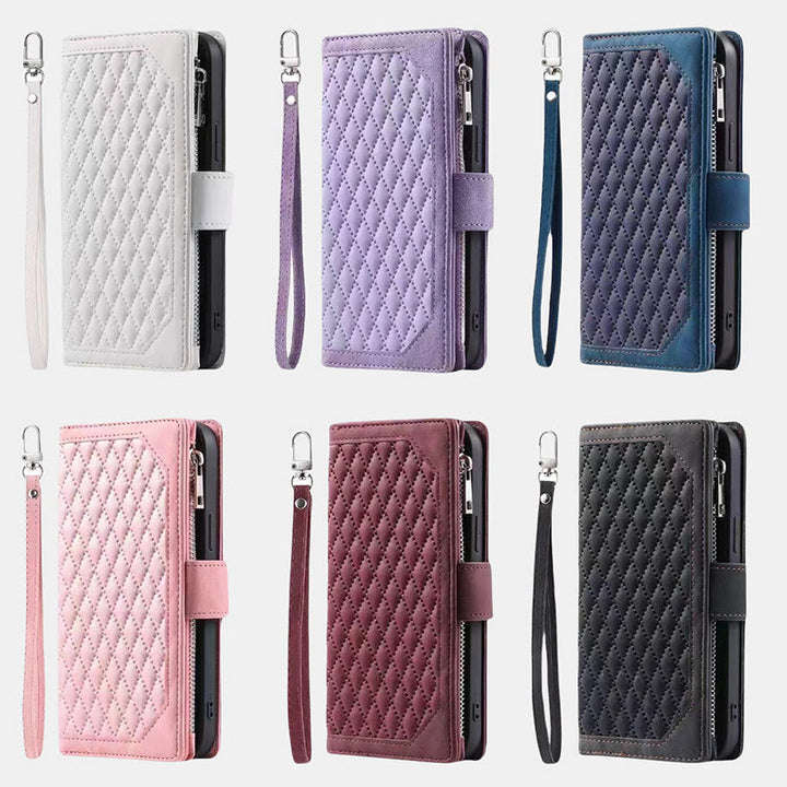 Faux Leather Quilted Phone Wallet Case for iPhone with Crossbody Strap