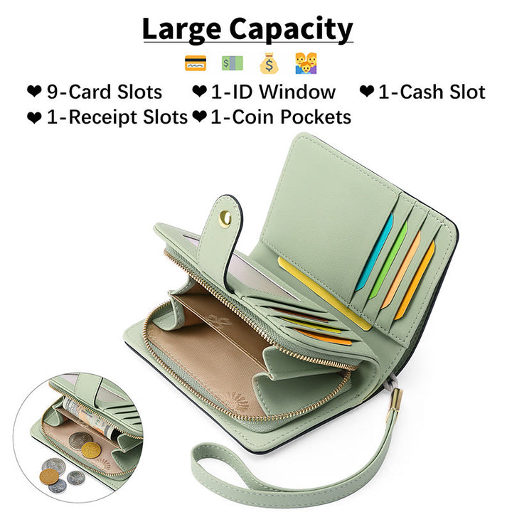 RFID Blocking Faux Leather Wallet for Women with Wrist Strap Zip Pocket