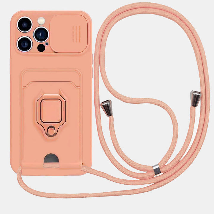 Phone Case Lanyard Case for iPhone with Card Slot Slide Camera Lens Protector