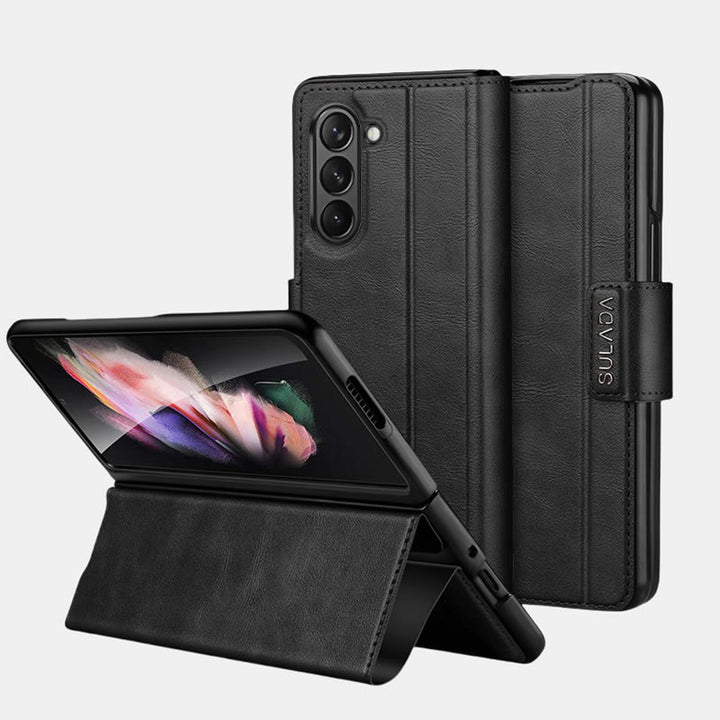 Faux Leather Phone Case for Galaxy Z Fold 2/3/4/5/6 with Kickstand Hinge Prctection - Black - Samsung Z Fold 2 - image 11