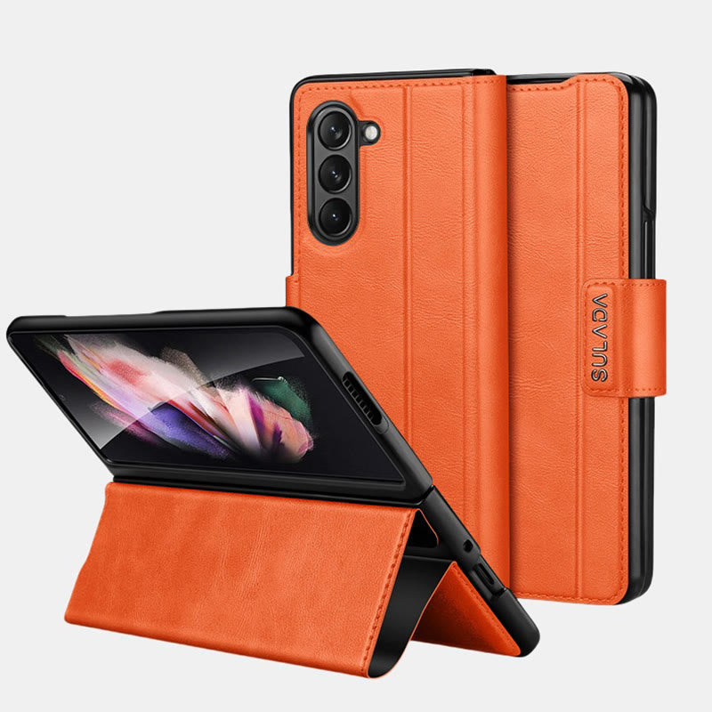 Faux Leather Phone Case for Galaxy Z Fold 2/3/4/5/6 with Kickstand Hinge Prctection - Orange - Samsung Z Fold 2 - image 1
