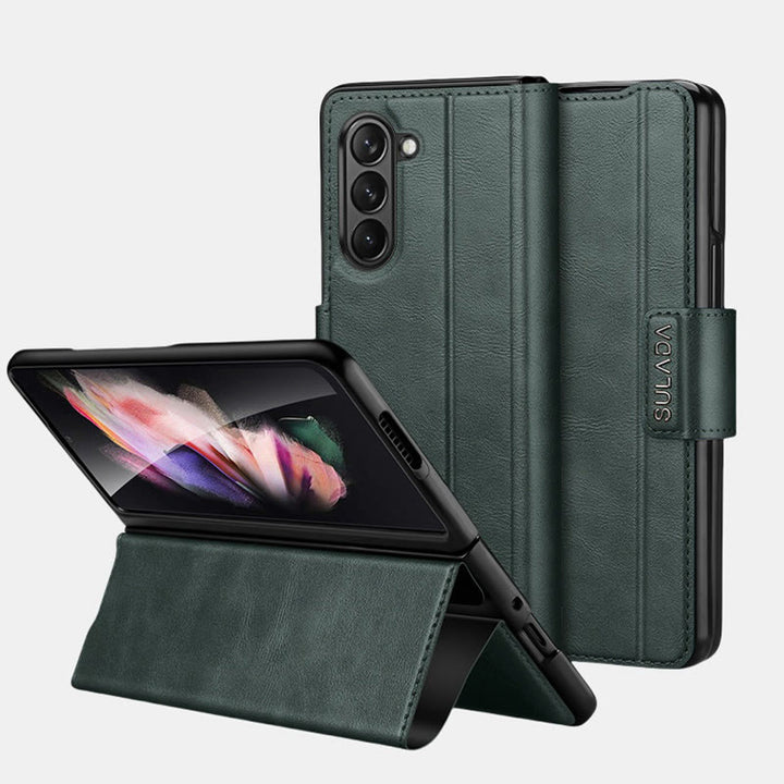 Faux Leather Phone Case for Galaxy Z Fold 2/3/4/5/6 with Kickstand Hinge Prctection - DarkGreen - Samsung Z Fold 2 - image 15