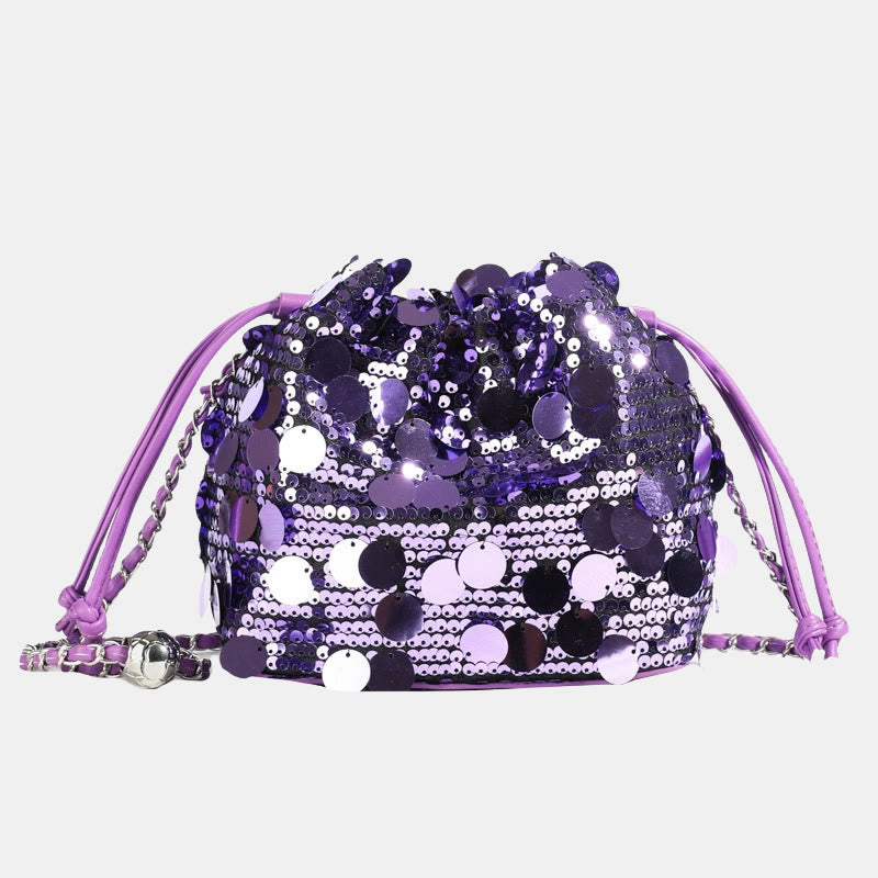 Vintage Mesh Embroidered Sequins Floral Mini Bucket Bag Drawstring Purse