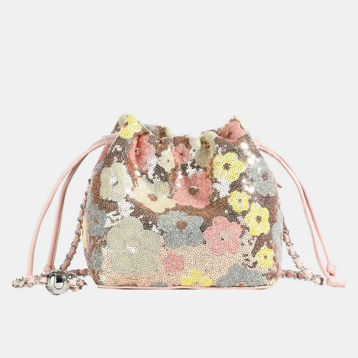 Vintage Mesh Embroidered Sequins Floral Mini Bucket Bag Drawstring Purse
