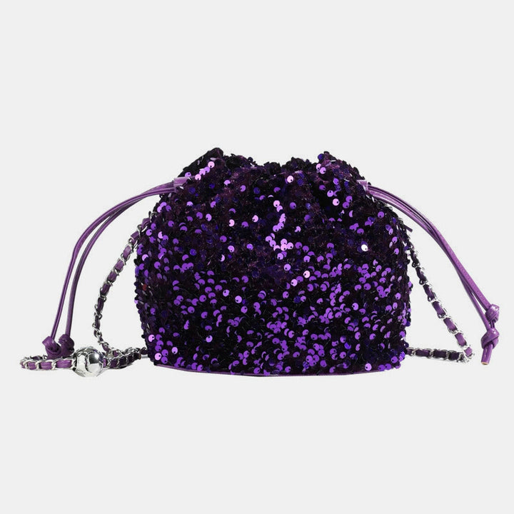 Vintage Mesh Embroidered Sequins Floral Mini Bucket Bag Drawstring Purse
