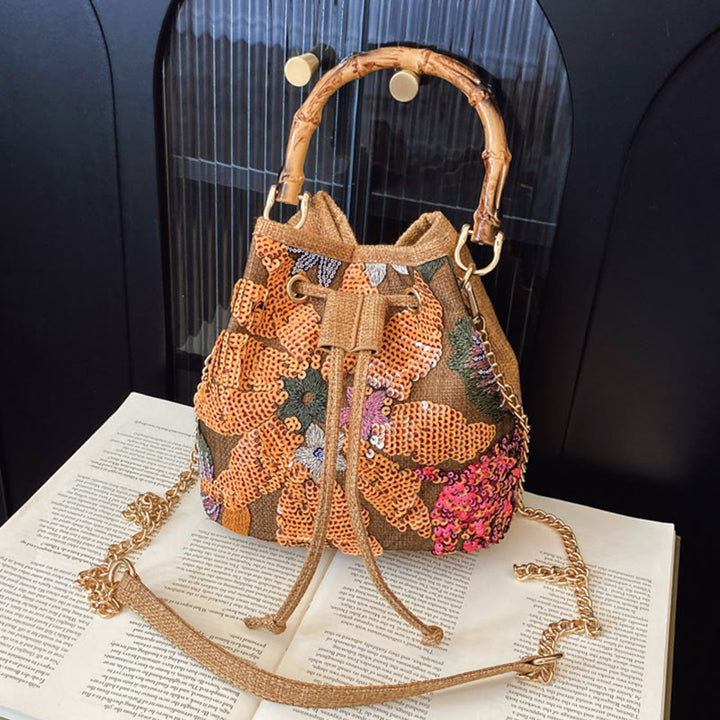 Vintage Mesh Embroidered Sequins Floral Mini Bucket Bag Drawstring Purse