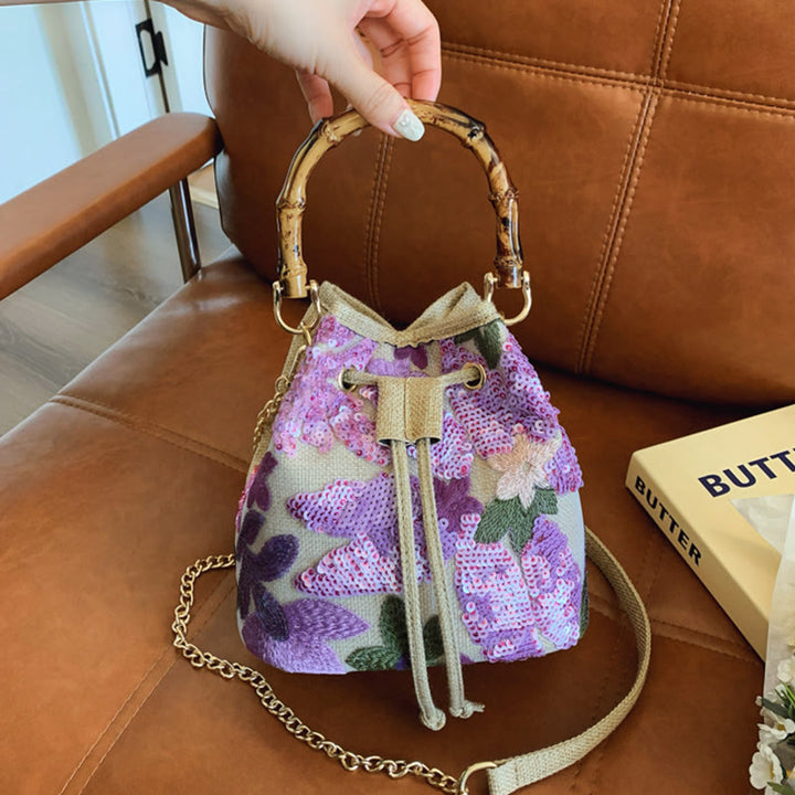 Vintage Mesh Embroidered Sequins Floral Mini Bucket Bag Drawstring Purse