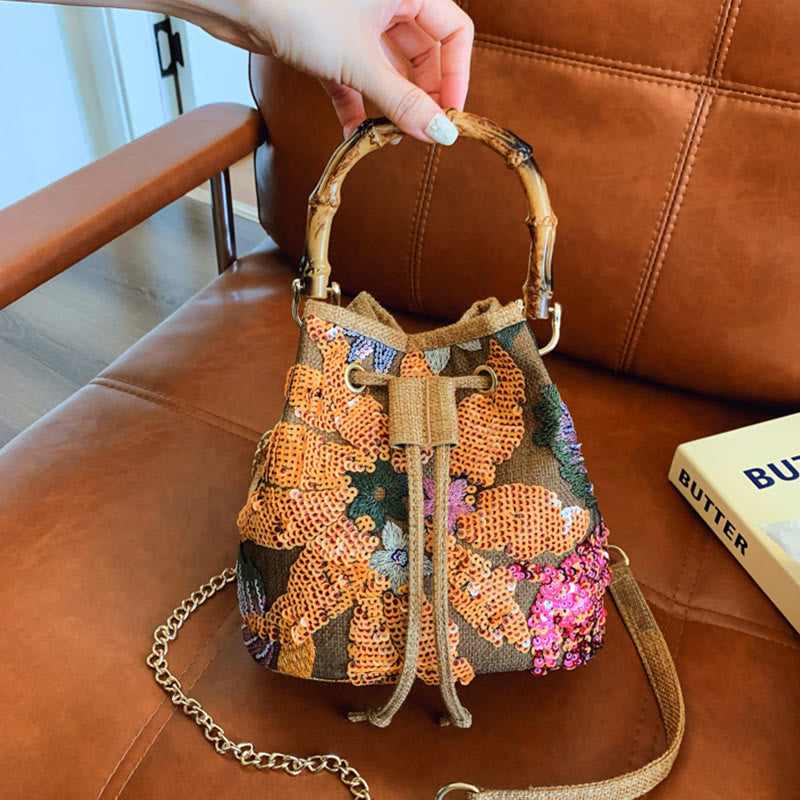 Vintage Mesh Embroidered Sequins Floral Mini Bucket Bag Drawstring Purse