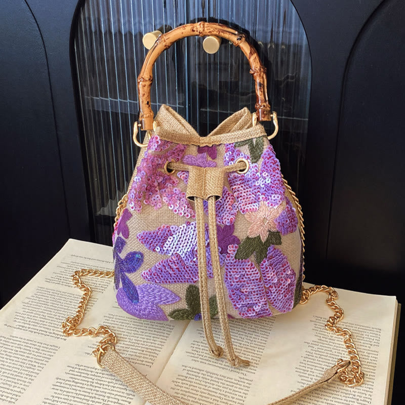Vintage Mesh Embroidered Sequins Floral Mini Bucket Bag Drawstring Purse