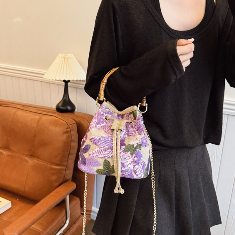 Vintage Mesh Embroidered Sequins Floral Mini Bucket Bag Drawstring Purse