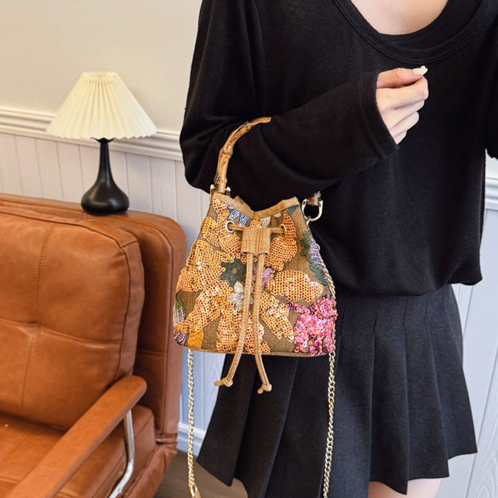 Vintage Mesh Embroidered Sequins Floral Mini Bucket Bag Drawstring Purse