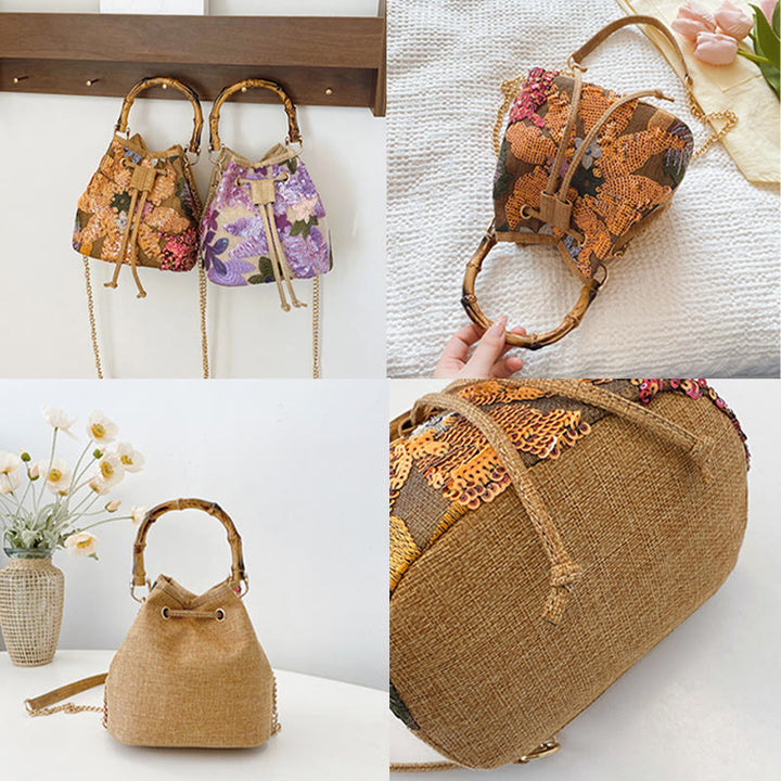 Vintage Mesh Embroidered Sequins Floral Mini Bucket Bag Drawstring Purse