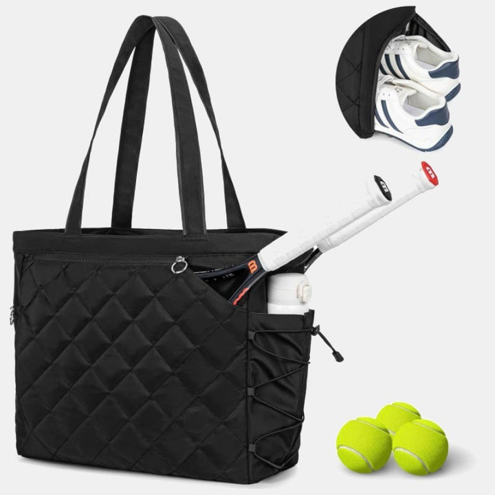 Waterproof Quilted Racket Bag Tote for Tennis Picketball Tote Shoulder Bag - Black - image 10