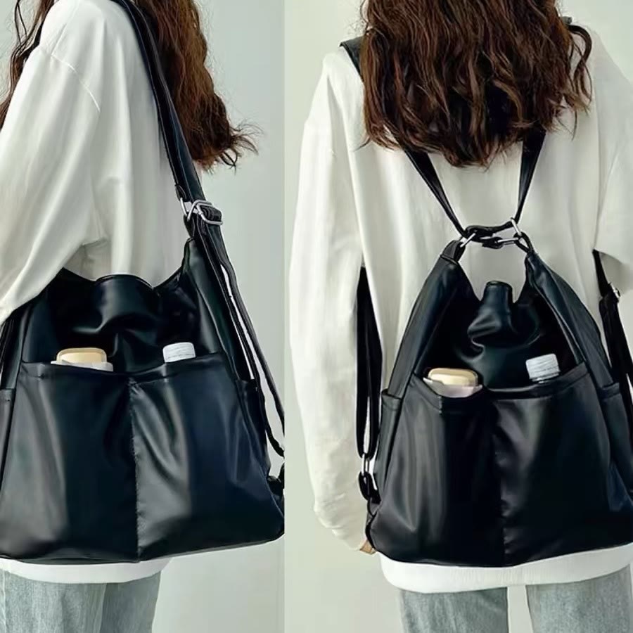 Lightweight Nylon Tote Convertible Backpack Purse Hobo Bag for Women - Black - Vegan Leather - image 17
