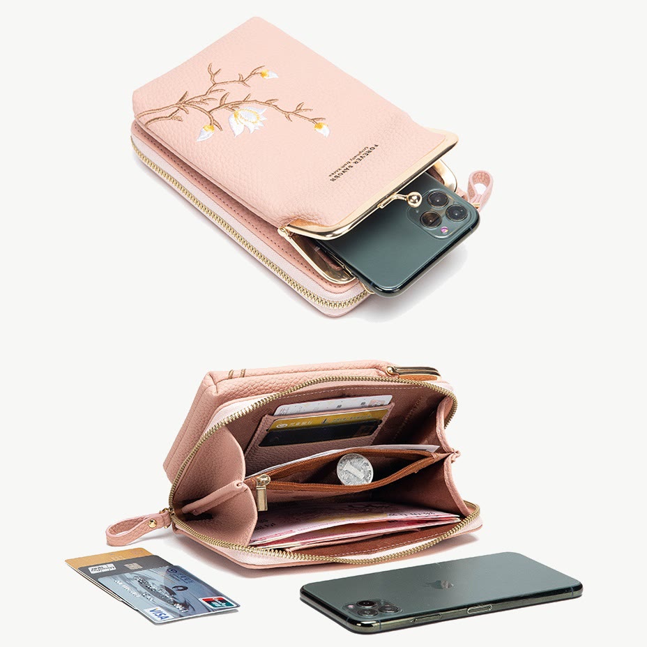 Elegant Embroidered Phone Bag Women Mini Crossbody Leather Purse