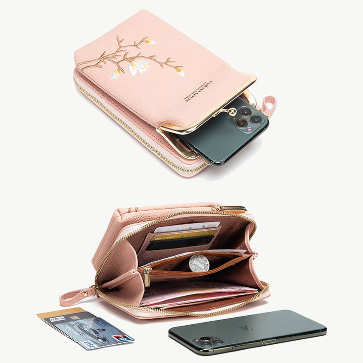 Elegant Embroidered Phone Bag Women Mini Crossbody Leather Purse
