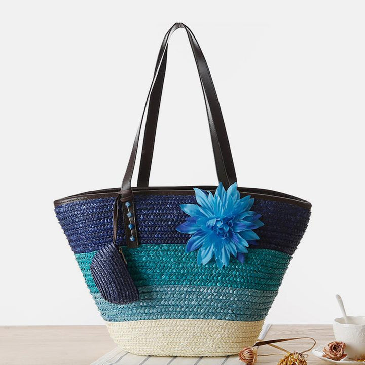 Summer Flower Straw Woven Beach Bag Travel Tote Bag