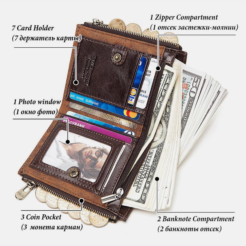 Vintage RFID Genuine Leather Bifold Coin Wallet With Chain
