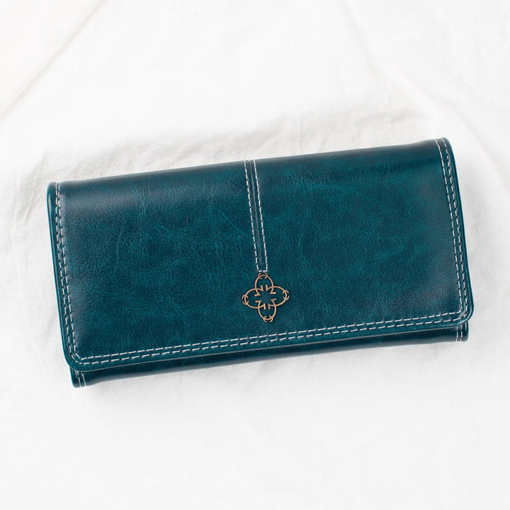 Elegant Retro Long Purse Wax Leather Card Holder For Women
