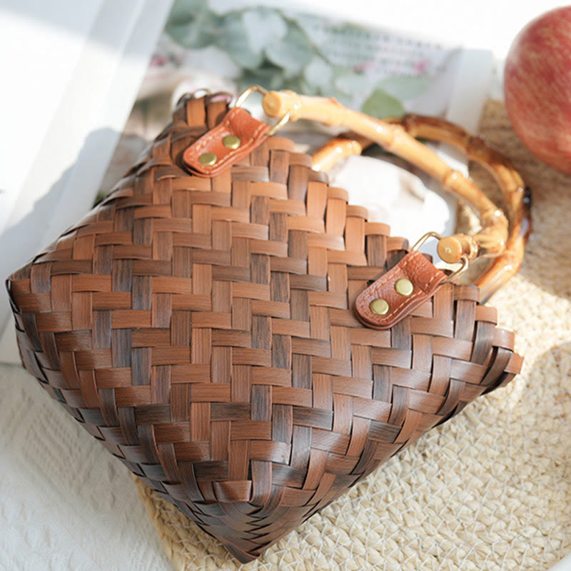 Straw Tote For Women Retro Bamboo Pattern Handle Handbag