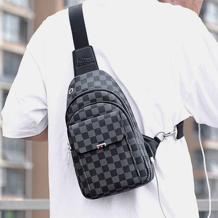 Multipurpose Casual Plaid Leather Sling Bag for Men Crossbody Shoulder Backpack