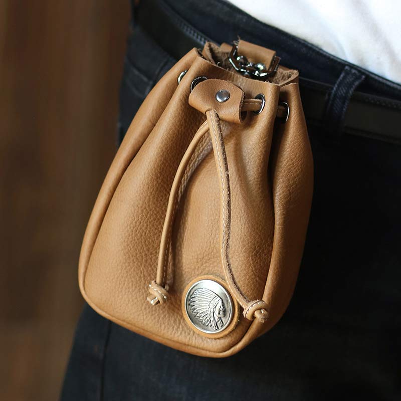 Retro Unisex Waist Pouch Small Drawstring Leather Belt Bag