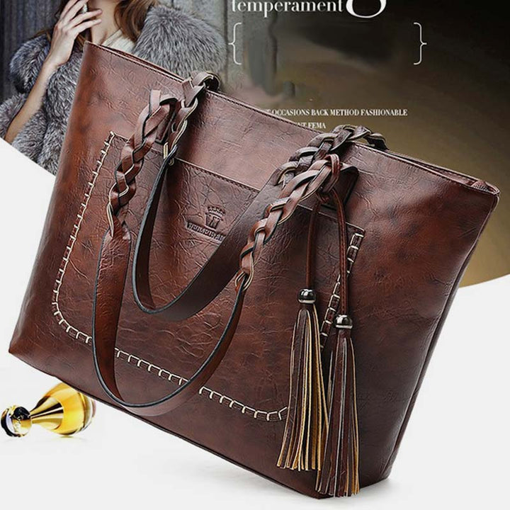 Large Capacity Business Office Handbag Women's Soft PU Tassel Tote Shoulder Bag
