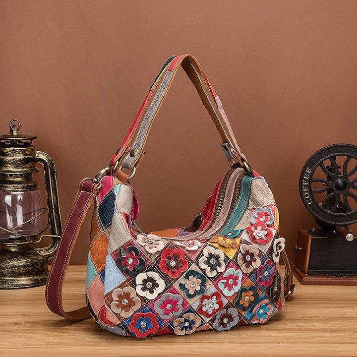 Multi-Color Floral Genuine Leather Boston Bag Hobo Tote Handbag Crossbody Bag