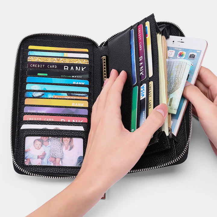 RFID Blocking Genuine Leather Zip Around Wallet Purse with Wrist Strap