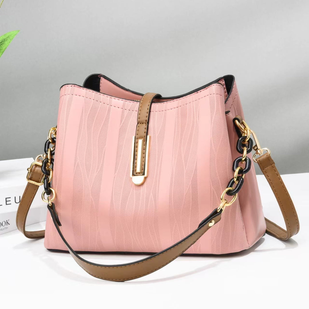 Stripe Pattern Handbag Women Large Vegan Leather Crossbody Bucket Bag