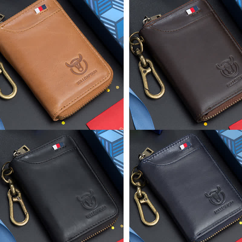 Leather Zip Around Wallet for Men RFID Blocking Card Holder with Keychain
