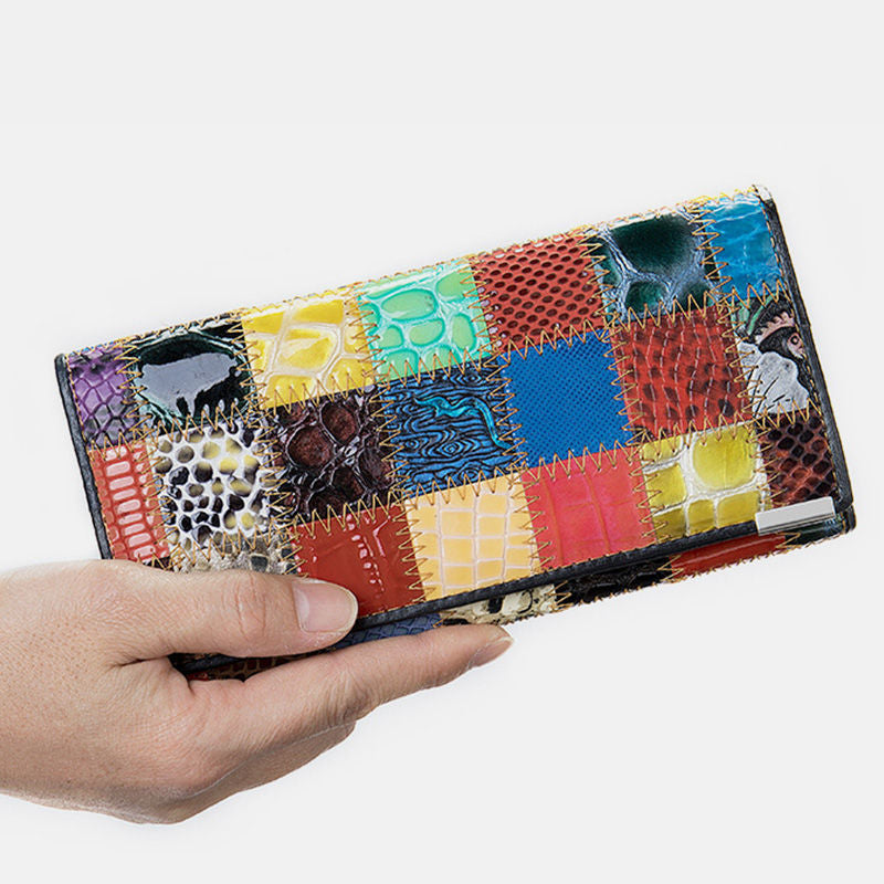 Genuine Leather Splicing Color Block Wallet Trifold Long Purse